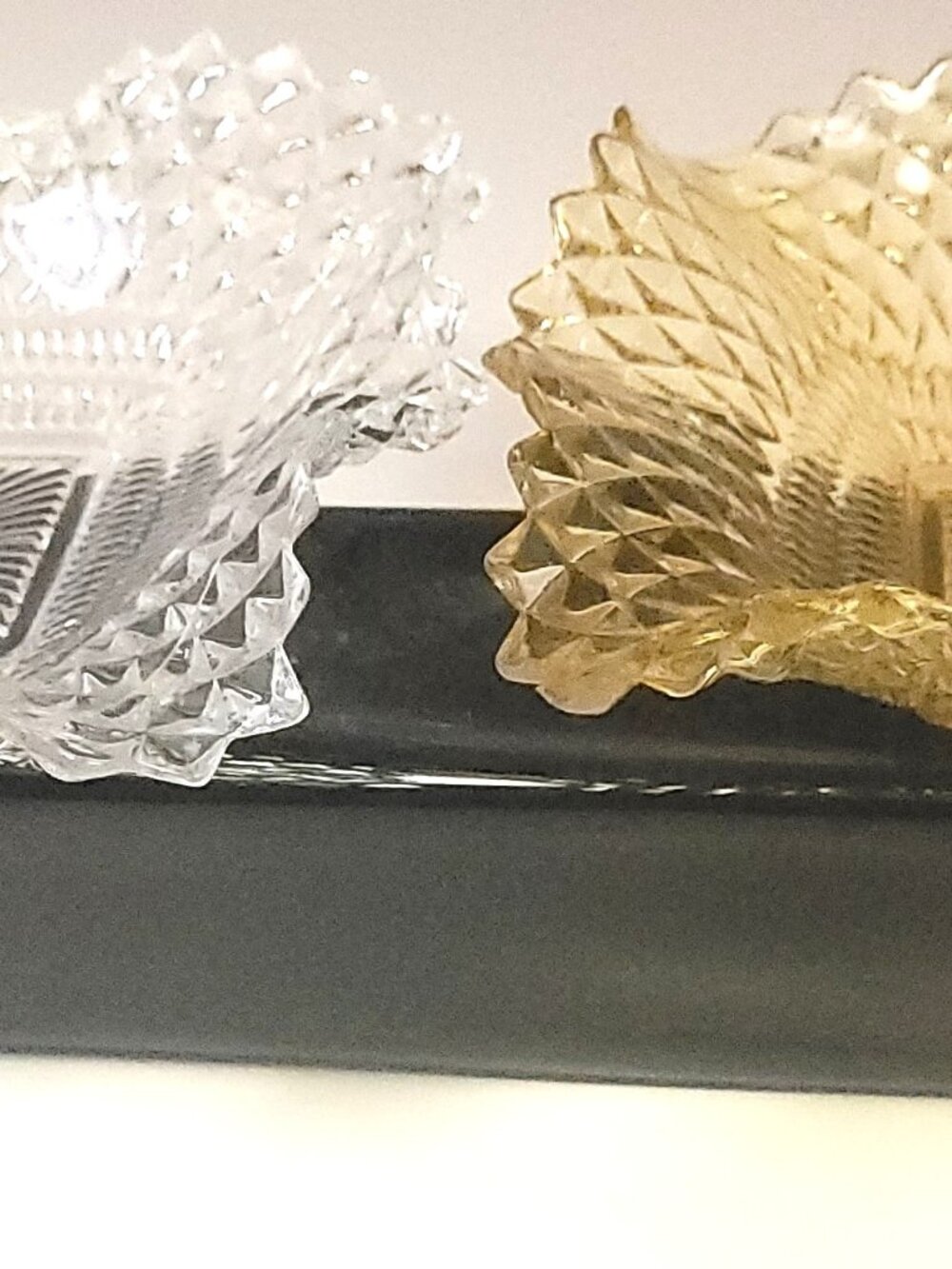 1965 Indiana Glass Diamond Point Bowls Ruffled Edge Pair Amber Clear